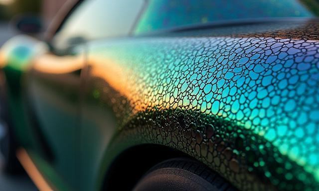 Primer plano de un wrap de coche con textura iridiscente similar a la piel de camaleón, mostrando colores vibrantes.