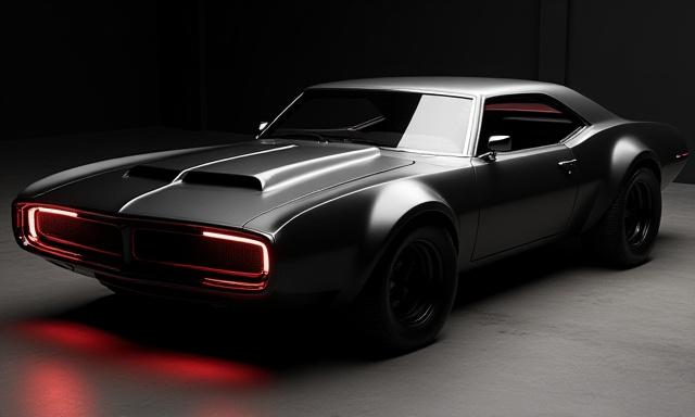 Moderno muscle car con un diseño futurista pero manteniendo su esencia, colores oscuros y luces LED acentuadas.