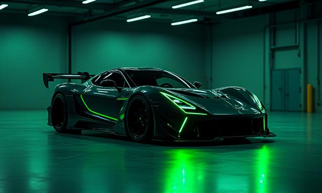 Coche deportivo negro elegante, con detalles en verde lima y un diseño agresivo, posicionado en un garaje moderno.