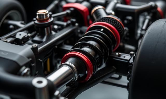 Detalle de una suspensión de coche de alto rendimiento con amortiguadores ajustables y componentes de fibra de carbono.