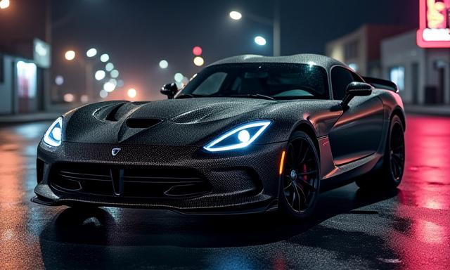 Coche deportivo con wrap de piel de cobra en tonos oscuros y plateados, aparcado en un entorno urbano nocturno.