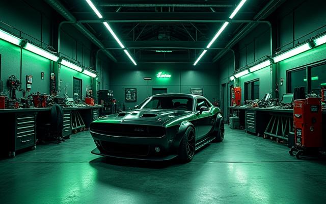 Vista panorámica de un taller de personalización automotriz moderno y limpio de Tucán Reptile con un proyecto de coche en progreso.