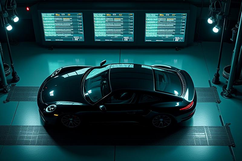 Vista aérea de un coche deportivo de lujo siendo probado en un dinamómetro 4x4
