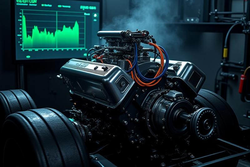 Motor de vehículo de alto rendimiento en dinamómetro con gráficos de potencia